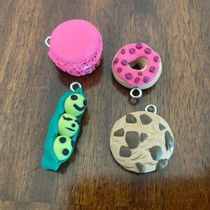 Handmade Set of 4 Polymer Clay Necklace Food Characters Cookies, Pea Pod, Donut